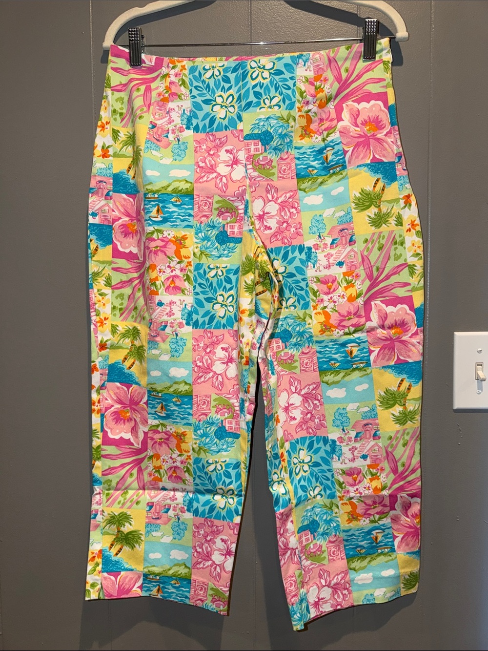Vtg 90s Y2K Briggs New York Floral Palm Tree Resort Crop Pants- 12P